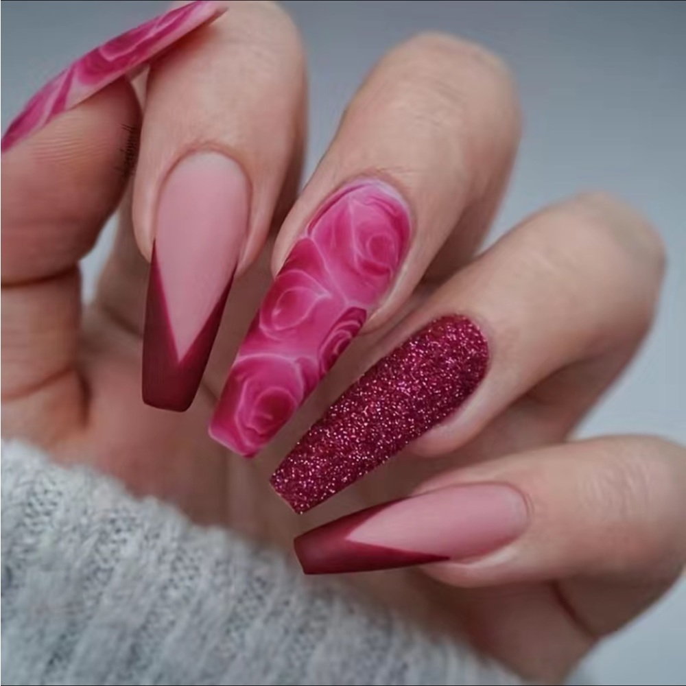 Long Shiny Red Nails Acrylic Artificial
